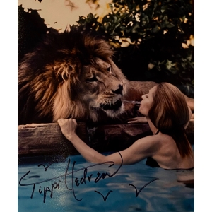 Autographed photo of Tippi Hedren and Neil the Lion